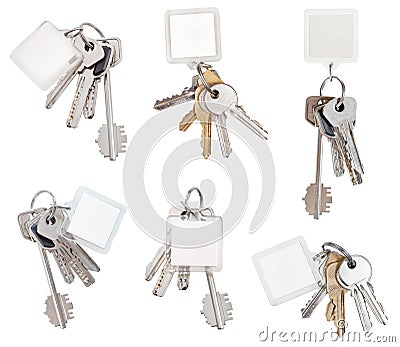 Set of bunch of door keys with blank keychain Stock Photo