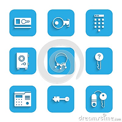 Set Bunch of keys, Old, House with, Undefined, intercom system, Safe, Password protection and Key card icon. Vector Vector Illustration