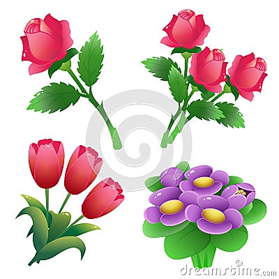 Set of bunches of flowers. Color images of scarlet roses, tulips, violets on white background. Vector illustration Vector Illustration