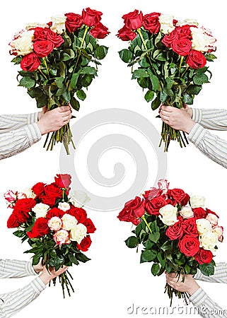 Set of bunches of many rose flowers in male hands Stock Photo