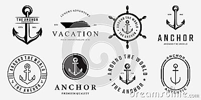 Set Bundle of Anchor Ship Yacht Luxury Badge Vector Logo, Illustration Vintage Design of Water Transportation Concept Vector Illustration