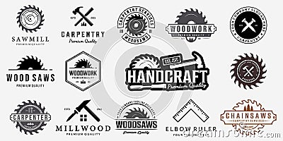 Set Bundle Carpentry Vector Logo, Design Illustration Carpenter Vintage Line Art, Hammer Steel Saws Concept Vector Illustration