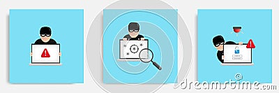 Set bundle of hacker theft data breach warning notification. 3D cartoon vector illustration Vector Illustration