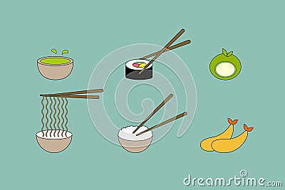 Set bundle of icons or stickers for Japanese cuisine with rice sushi roll soba noodles green matcha tea mochi cake Vector Illustration