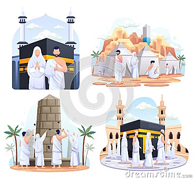 Set bundle of Muslim couple is doing Islamic hajj pilgrimage. vector illustration Vector Illustration