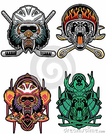 set bundle tiger panda head with four style viking ninja samurai roman skateboard biker hockey Stock Photo