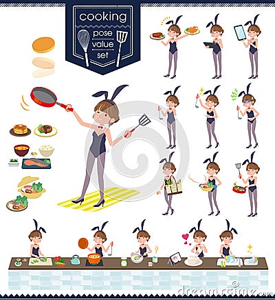 Flat type bunny suit women_cooking Vector Illustration