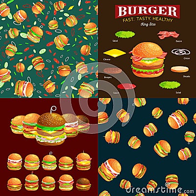 Set of burger grilled beef and fresh vegetables dressed with sauce bun for snack, american hamburger fast food barbecue Vector Illustration