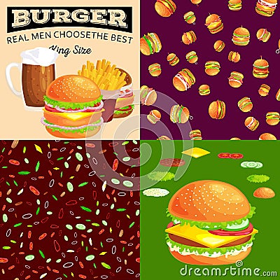 Set of burger grilled beef and fresh vegetables dressed with sauce bun for snack, american hamburger fast food barbecue Vector Illustration