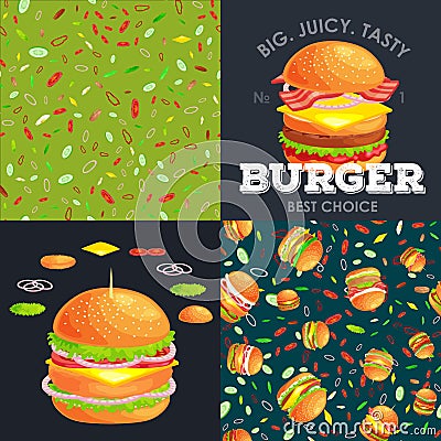 Set of burger grilled beef and fresh vegetables dressed with sauce bun for snack, american hamburger fast food barbecue Vector Illustration