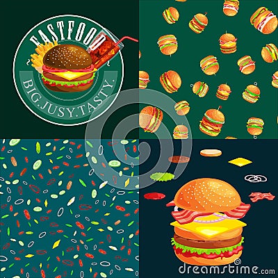 Set of burger grilled beef and fresh vegetables dressed with sauce bun for snack, american hamburger fast food barbecue Vector Illustration