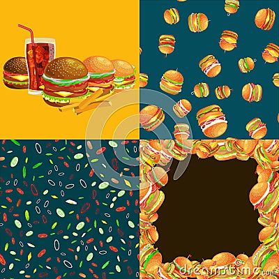 Set of burger grilled beef and fresh vegetables dressed with sauce bun for snack, american hamburger fast food barbecue Vector Illustration