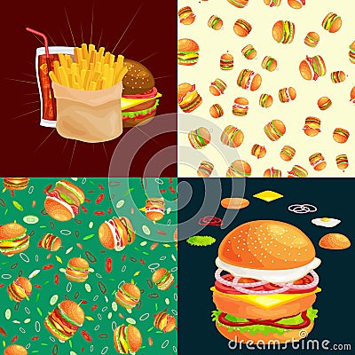 Set of burger grilled beef and fresh vegetables dressed with sauce bun for snack, american hamburger fast food barbecue Vector Illustration