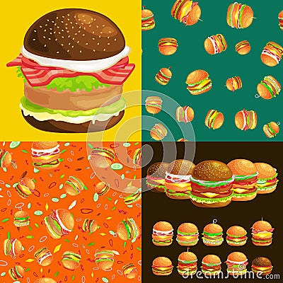 Set of burger grilled beef and fresh vegetables dressed with sauce bun for snack, american hamburger fast food barbecue Vector Illustration