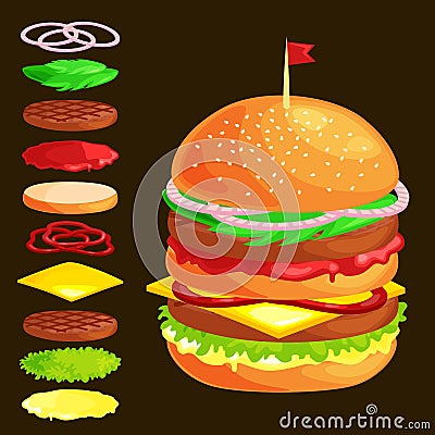 Set of burger grilled beef vegetables dressed with sauce bun snack, hamburger fast food meal menu barbecue meat with Vector Illustration