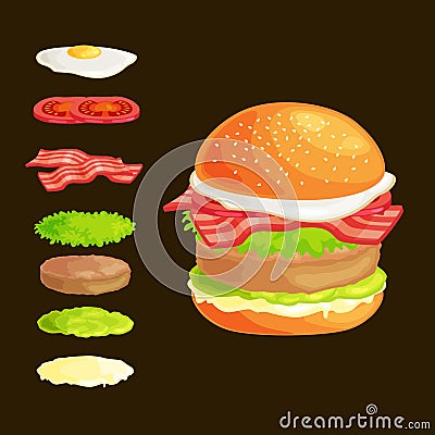 Set of burger grilled beef vegetables dressed with sauce bun snack, hamburger fast food meal menu barbecue meat with Vector Illustration