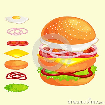 Set of burger grilled beef vegetables dressed with sauce bun snack, hamburger fast food meal menu barbecue meat with Vector Illustration