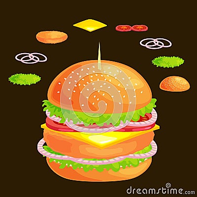 Set of burger grilled beef vegetables dressed with sauce bun snack, hamburger fast food meal menu barbecue meat with Vector Illustration