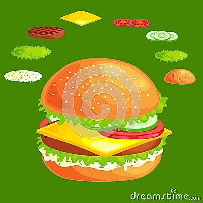 Set of burger grilled beef vegetables dressed with sauce bun snack, hamburger fast food meal menu barbecue meat with Vector Illustration