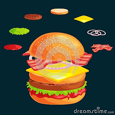 Set of burger grilled beef vegetables dressed with sauce bun snack, hamburger fast food meal menu barbecue meat with Vector Illustration