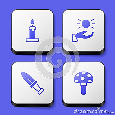Set Burning candle, Ball levitating above hand, Dagger and Psilocybin mushroom icon. White square button. Vector Vector Illustration