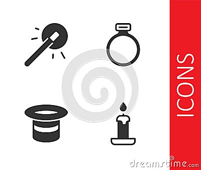 Set Burning candle, Magic wand, hat and stone ring icon. Vector Vector Illustration