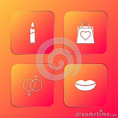 Set Burning candle, Shopping bag with heart, Gender and Smiling lips icon. Vector Vector Illustration