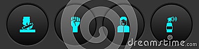 Set Burning car, Raised hand with clenched fist, Censor freedom of speech and Air horn icon. Vector Vector Illustration