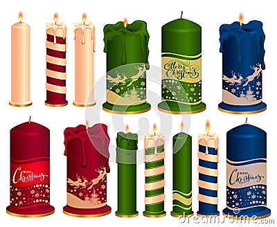 Set of burning decorative Christmas candles Vector Illustration