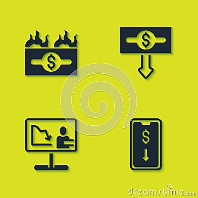 Set Burning dollar bill, Mobile stock trading, Global economic crisis news and Dollar rate decrease icon. Vector Vector Illustration