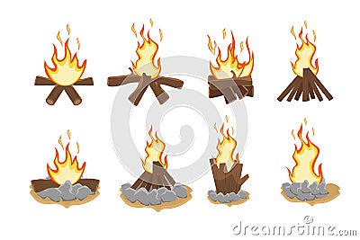 Set Burning and extinct bonfires. Forest warming bonfire, fireplace burning campfire cartoon. Vector Illustration