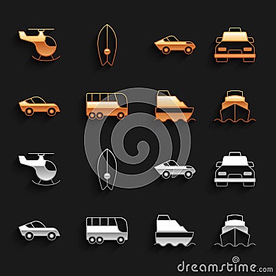 Set Bus, Taxi car, Cruise ship, Car, Helicopter and Surfboard icon. Vector Vector Illustration