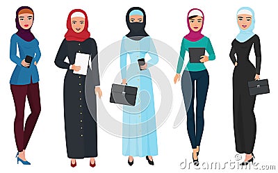 Set of business arab woman character with hijab. Muslim female people vector illustration. Vector Illustration