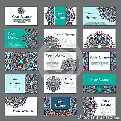 Set of business cards. Vintage pattern in retro style with mandala. Hand drawn Islam, Arabic, Indian, lace pattern Vector Illustration
