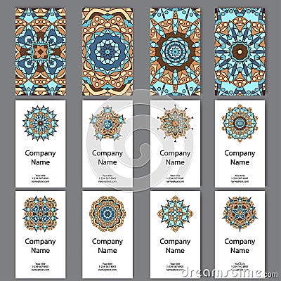 Set of business cards. Vintage pattern in retro style with mandala. Hand drawn Islam, Arabic, Indian, lace pattern Vector Illustration