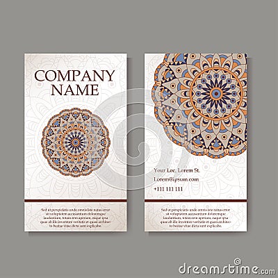 Set of business cards. Vintage pattern in retro style with mandala. Hand drawn Islam, Arabic, Indian, lace pattern Vector Illustration