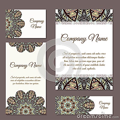 Set of business cards. Vintage pattern in retro style with mandala. Hand drawn Islam, Arabic, Indian, lace pattern Vector Illustration