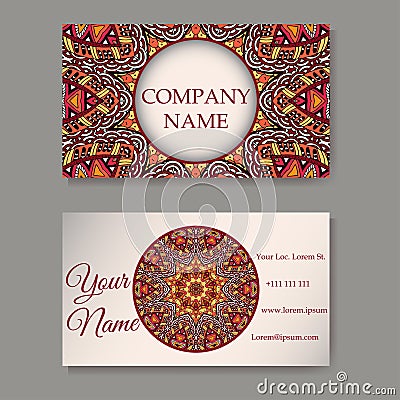 Set of business cards. Vintage pattern in retro style with mandala. Hand drawn Islam, Arabic, Indian, lace pattern Vector Illustration