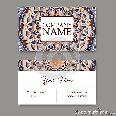 Set of business cards. Vintage pattern in retro style with mandala. Hand drawn Islam, Arabic, Indian, lace pattern Vector Illustration