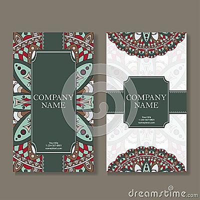 Set of business cards. Vintage pattern in retro style with mandala. Hand drawn Islam, Arabic, Indian, lace pattern. Vector Illustration