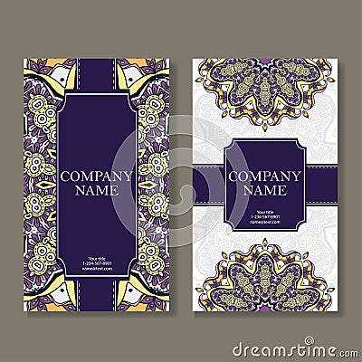 Set of business cards. Vintage pattern in retro style with mandala. Hand drawn Islam, Arabic, Indian, lace pattern. Vector Illustration