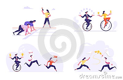 Set Business Characters Take Part in Corporate Competition and Race. Businessmen and Businesswomen Running Marathon Vector Illustration