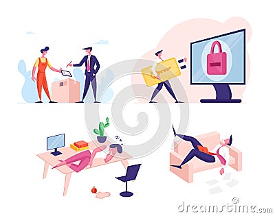 Set Business Characters Working Burnout, Procrastination, Delivery Service and Digital Key. People Sleeping at Workplace Vector Illustration