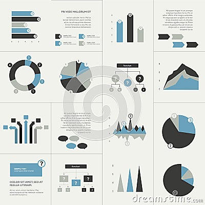 Set of business flat design elements, graphs, charts, flow chart. Vector Illustration