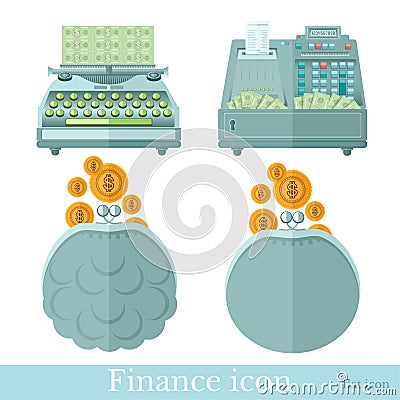 Set of business flat icons on white. Pouch with gold coins, typewriter makes money and cashbox with banknotes Vector Illustration
