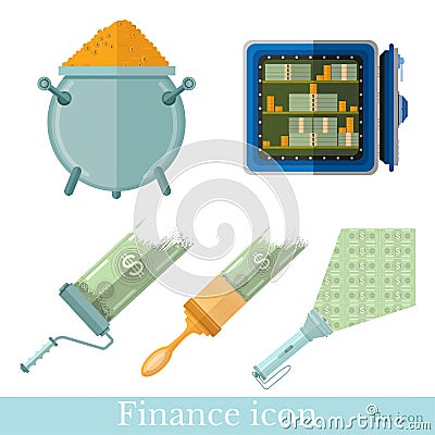 Set of business flat icons on white. safe with money, caldron with gold, brush and platen draw banknotes, flashlight lit money Vector Illustration