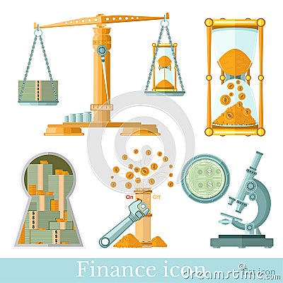 Set of business flat icons on white. Scales with money, microscope show money, sandglass banknotes; money pipe; keyhole to room wi Vector Illustration