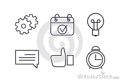 Set of business icons of gear, calendar, time, idea. Concept of time management, schedule and creative idea. Vector illustration Vector Illustration