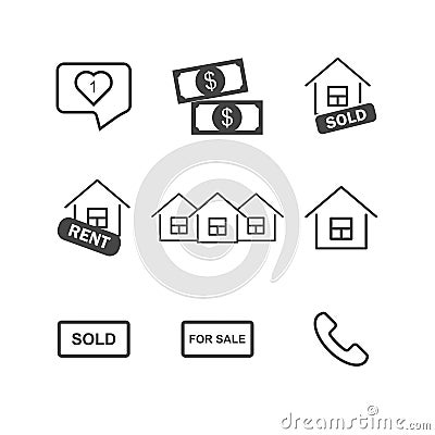 Set of business icons. Icons of sold and rent house, money and phone. Business growth on white isolated background Vector Illustration