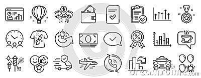 Set of Business icons, such as Approved message, Decreasing graph, Airplane. Vector Vector Illustration